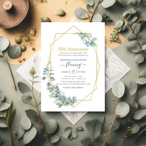 Geometric Eucalyptus 50th Wedding Anniversary Invitation