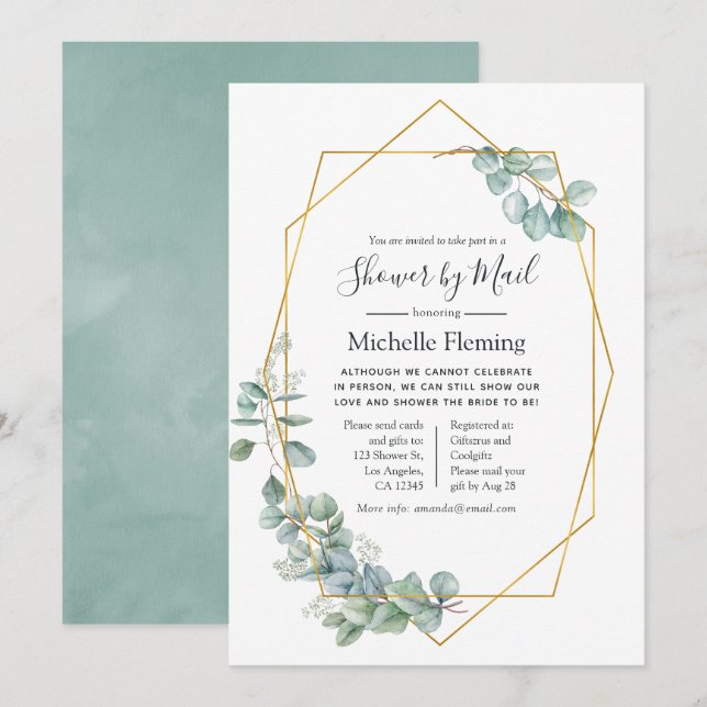 Geometric Eucalyptus Bridal or Baby Shower by Mail Invitation (Front/Back)