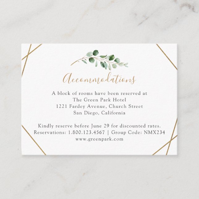 Geometric Eucalyptus Greenery Accommodation Enclosure Card (Front)