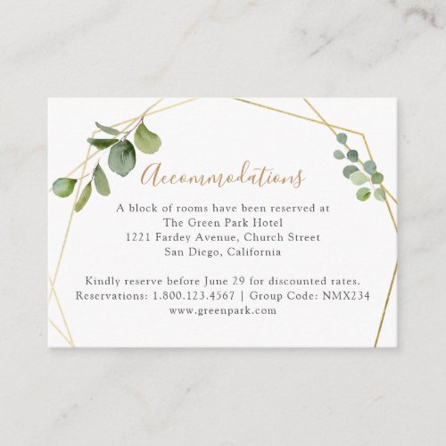 Geometric Eucalyptus Greenery Accommodations Enclosure Card - Designed to coordinate with our Mixed Greenery wedding collection, this customizable Accommodations card features a gold geometric frame with eucalyptus watercolor greenery with gold and gray text. To make advanced changes, please select "Click to customize further" option under Personalize this template.