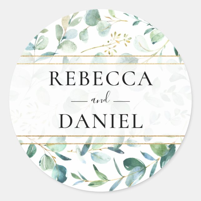Geometric Eucalyptus Greenery Personalized Wedding Classic Round Sticker (Front)