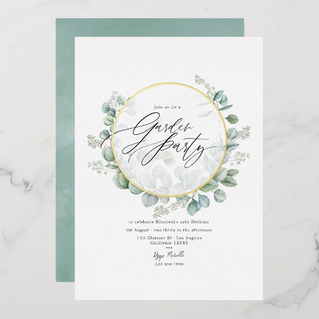 Geometric Eucalyptus Herbarium Garden Party Foil Invitation (Front/Back)