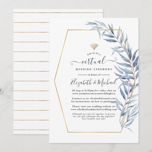 Geometric Eucalyptus Leaves Virtual Wedding Invitation (Front/Back)