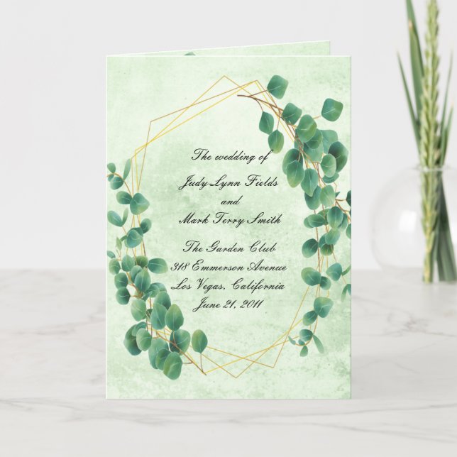 Geometric Eucalyptus Leaves Wedding Program Card (Front)