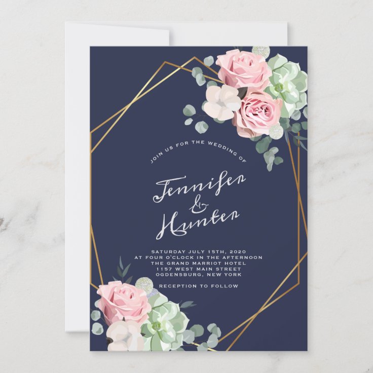 Geometric Eucalyptus Navy Wedding Invitation | Zazzle