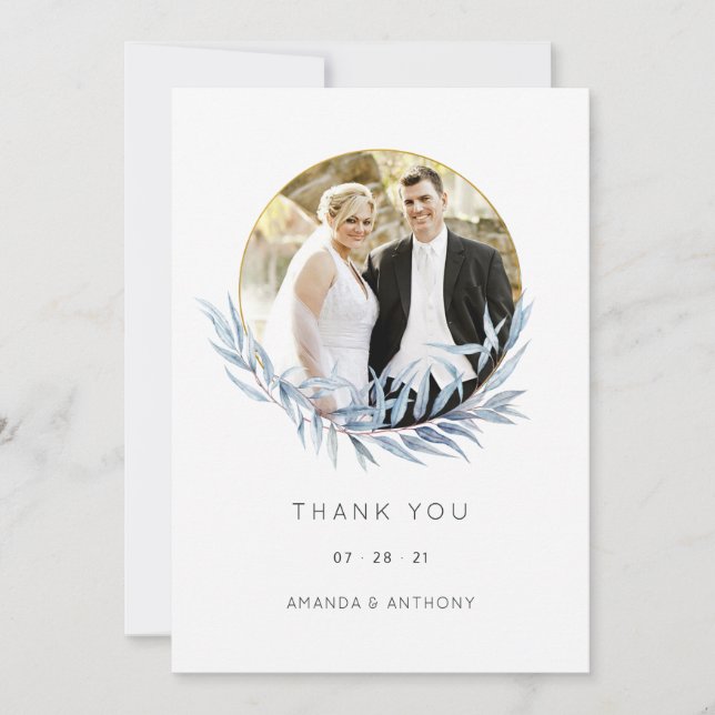 Geometric Eucalyptus Wedding Photo Thank You Card (Front)