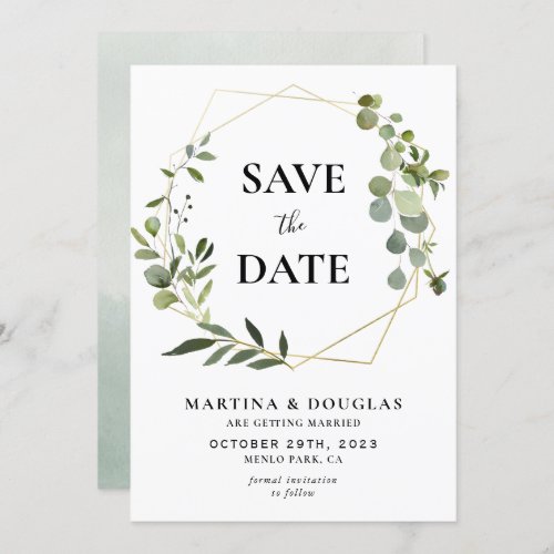 Geometric Eucalyptus Wedding Save the date Card