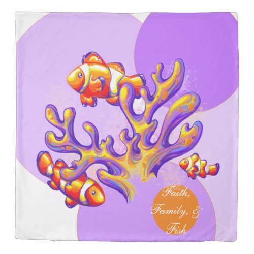 Geometric Faith Family  Fish Clown Fish  Coral Duvet Cover