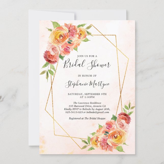 Geometric Fall Floral Watercolor Bridal Shower Invitation (Front)