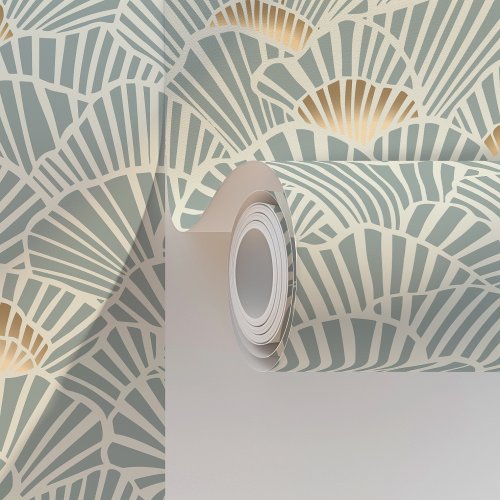 Geometric Fan Shells in Soft Blue and Gold Art Dec Wallpaper