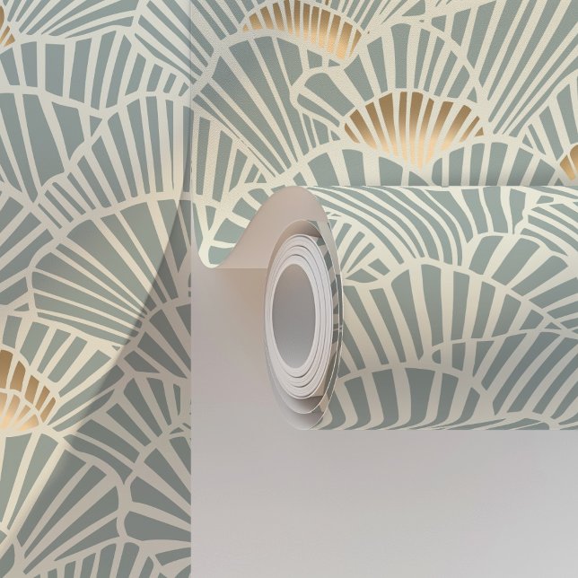 Geometric Fan Shells in Soft Blue and Gold Art Dec Wallpaper (Creator Uploaded)
