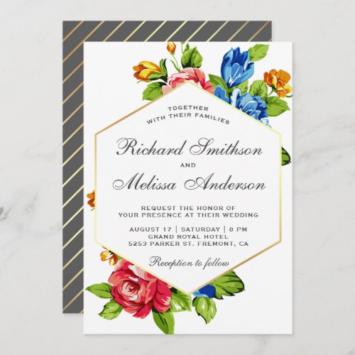 Geometric Faux Gold Frame Vibrant Floral Wedding Invitation