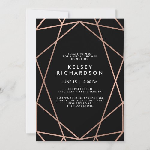 Geometric Faux Rose Gold on Black Bridal Shower Invitation