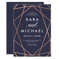 Geometric Faux Rose Gold on Midnight Blue Wedding Card