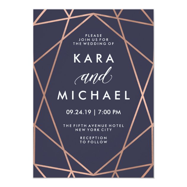 Geometric Faux Rose Gold On Midnight Blue Wedding Invitation