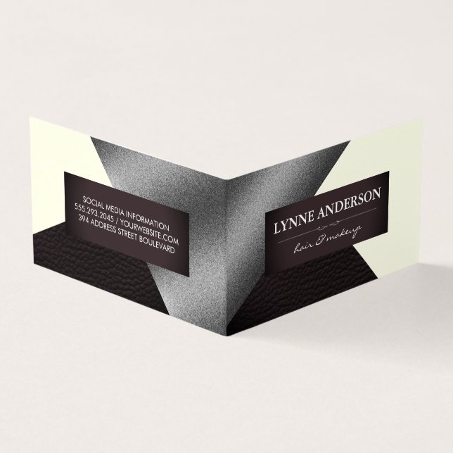 Geometric Faux Silver Cream Leather Color Blocks Business Card (Outside)