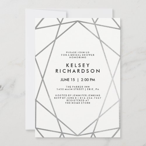 Geometric Faux Silver on White Bridal Shower Invitation