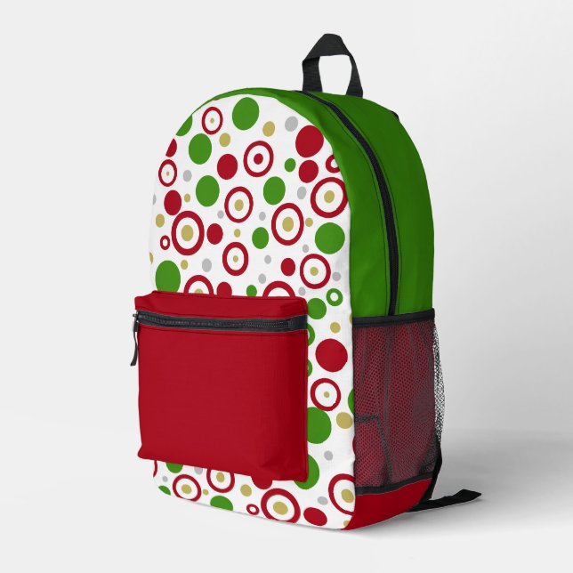 Geometric Festive Red Green Silver Gold Circles  Printed Backpack (Back Corner Right)