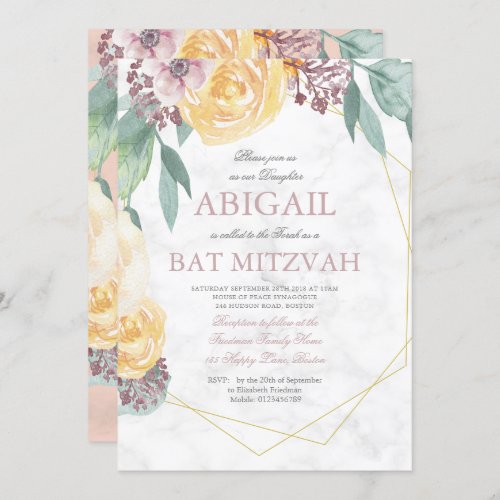 Geometric Floral Bat Mitzvah Elegant Pink Marble Invitation
