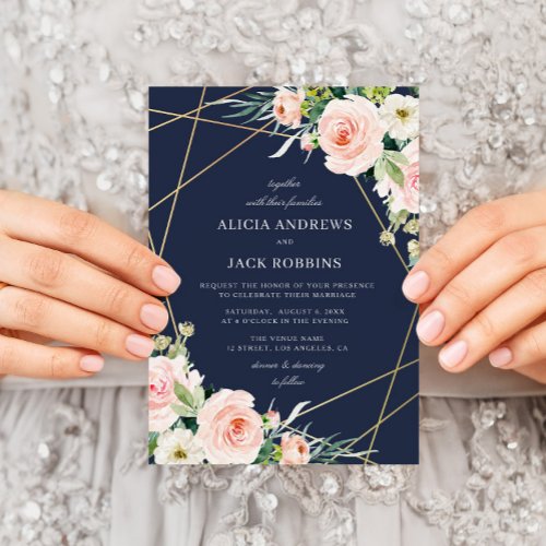 geometric floral blush  navy blue wedding invitation