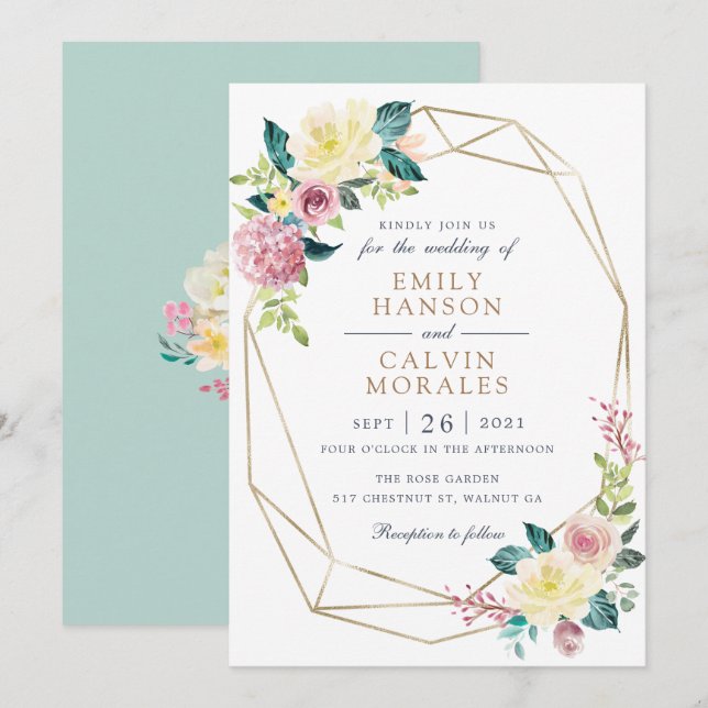 Geometric Floral Blush Yellow Greenery Gold Frame Invitation (Front/Back)