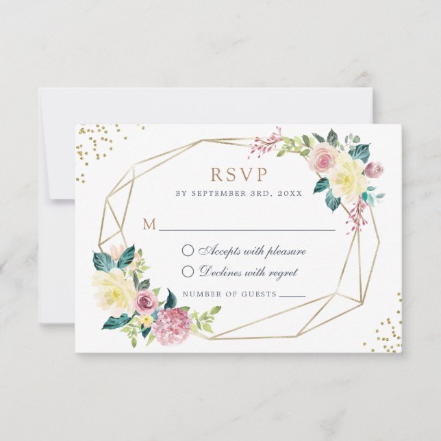 Geometric Floral Blush Yellow Greenery Gold RSVP Invitation (Front)
