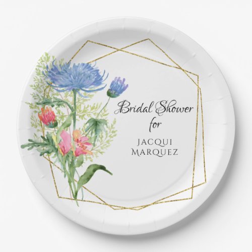 Geometric Floral Bridal Shower Blue Pink Botanical Paper Plates