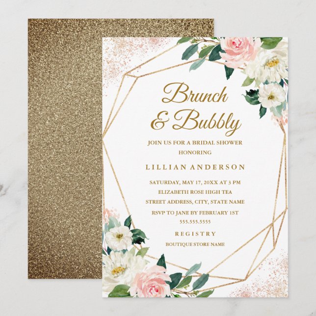 Geometric Floral Bridal Shower Brunch And Bubbly Invitation (Front/Back)