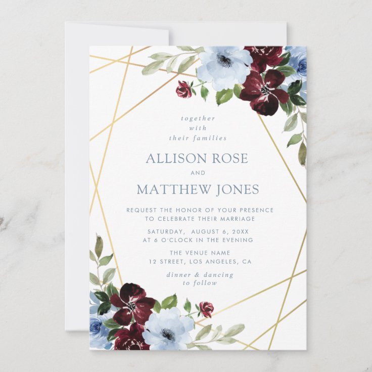 geometric floral burgundy dusty blue wedding invitation | Zazzle