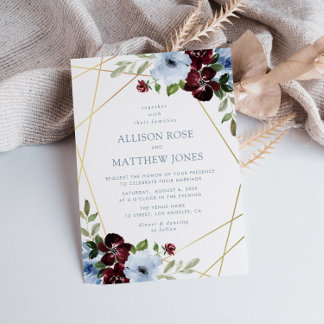 geometric floral burgundy dusty blue wedding invitation