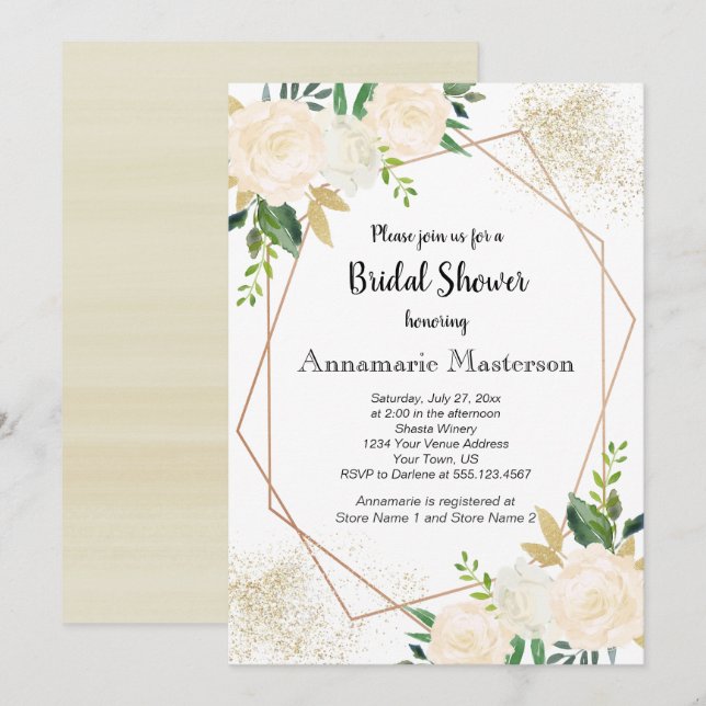 Geometric Floral Cream White Roses Bridal Shower | Invitation (Front/Back)