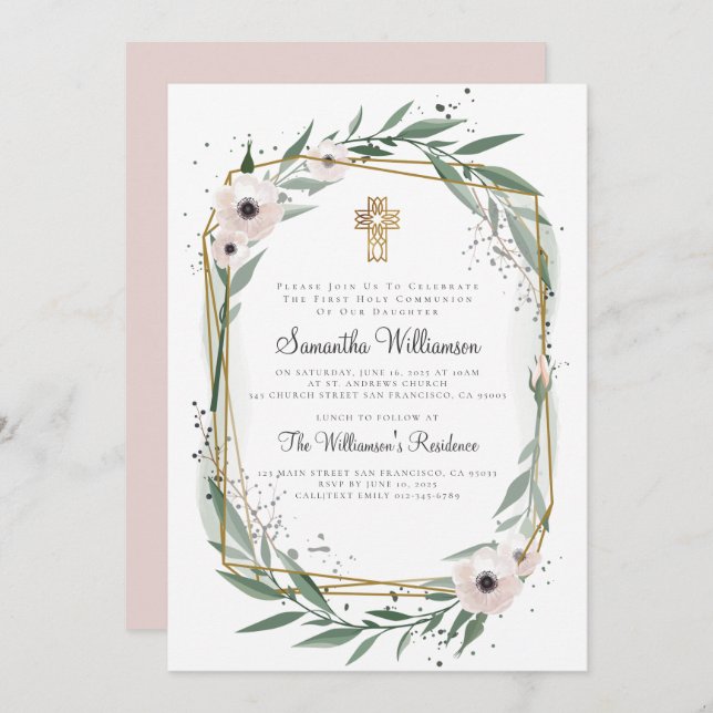 Geometric Floral Cross First Communion Invitation (Front/Back)