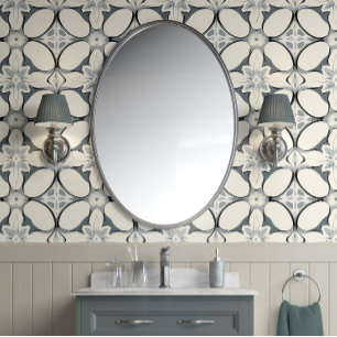 Geometric Floral Elegance - Gray, Cream - Modern Wallpaper