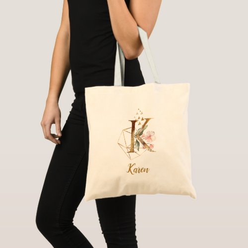 Geometric Floral Gold Monogram Stylized Letter K Tote Bag