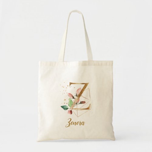 Geometric Floral Gold Monogram Stylized Letter Z Tote Bag