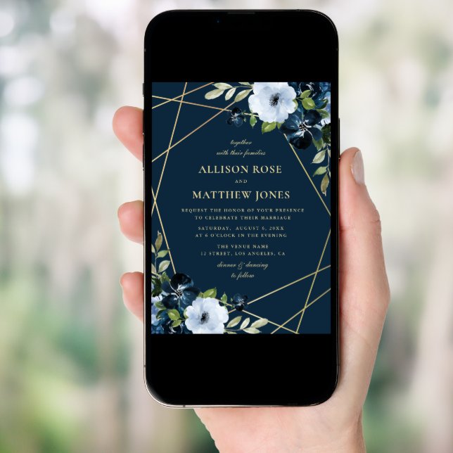 geometric floral gold & navy blue wedding invitation (Front Digital)