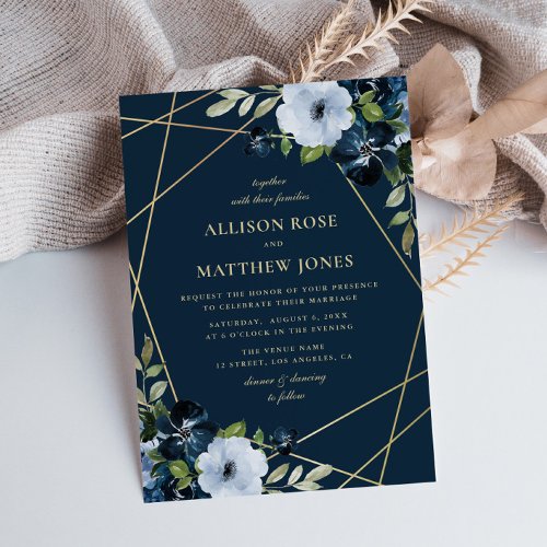 geometric floral gold  navy blue wedding invitation