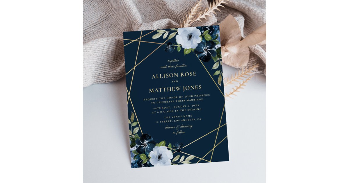 geometric floral gold & navy blue wedding invitation | Zazzle