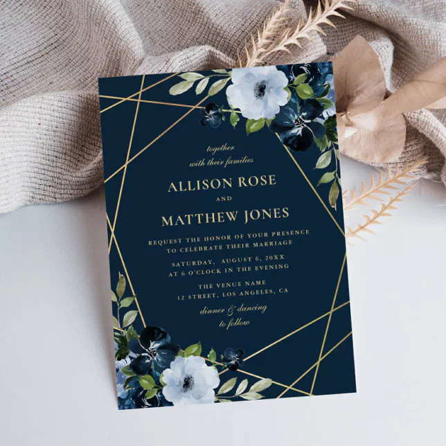 geometric floral gold & navy blue wedding invitation | Zazzle