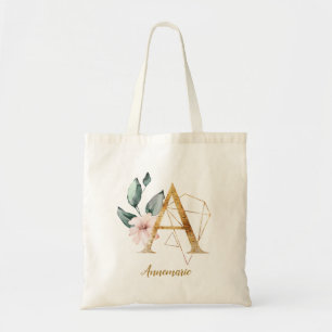 Geometric Floral Gold Stylized Letter A Tote Bag