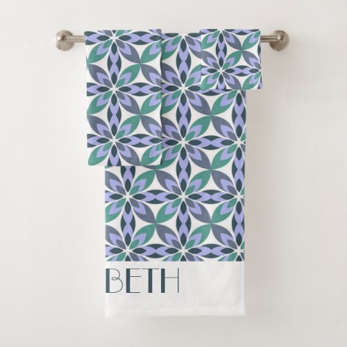 Geometric floral green blue scheme personalized bath towel set