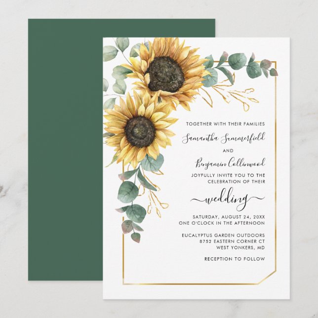 Geometric Floral Greenery Sunflower Wedding Invitation (Front/Back)