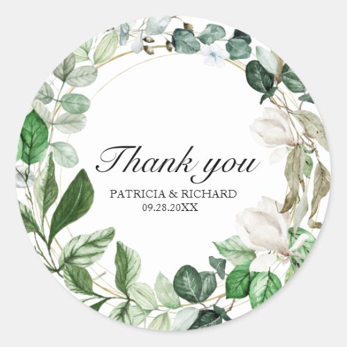 Geometric Floral Greenery Wedding Thank You Classic Round Sticker