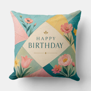 Geometric Floral Mosaic Birthday Throw Pillow
