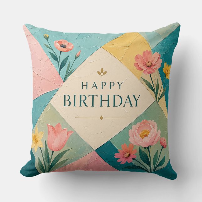 Geometric Floral Mosaic Birthday Throw Pillow (Front)