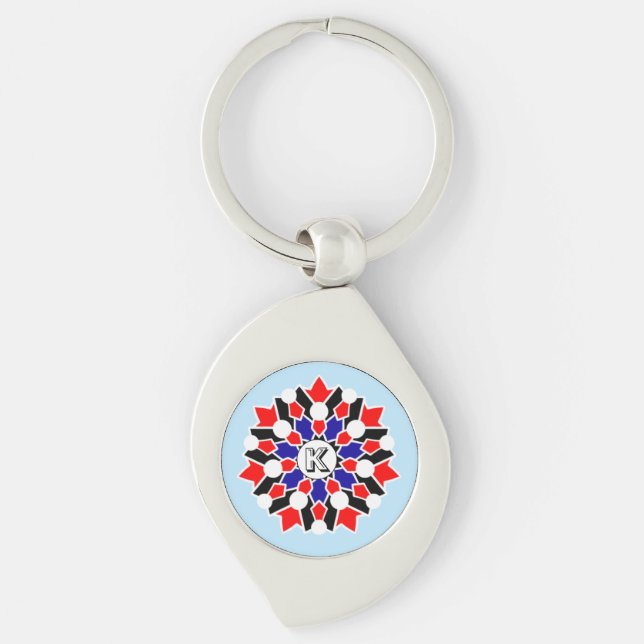 Geometric Floral Name Initial Blue Metal Keychain (Front)