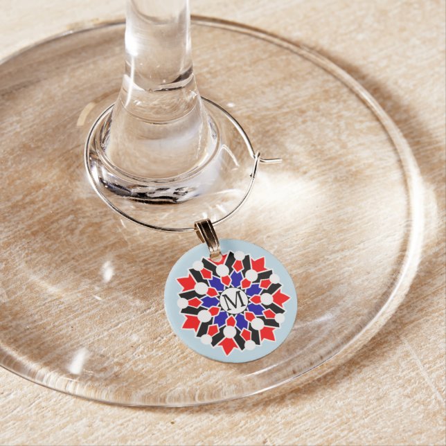 Geometric Floral Name Initial Blue Wine Charms (In Situ)