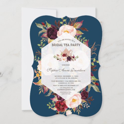 Geometric Floral Navy Blue Bridal Shower Tea Party Invitation