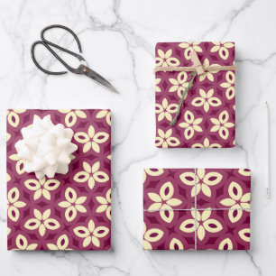 Geometric Floral Pattern in Burgundy and Cream Wrapping Paper Sheets
