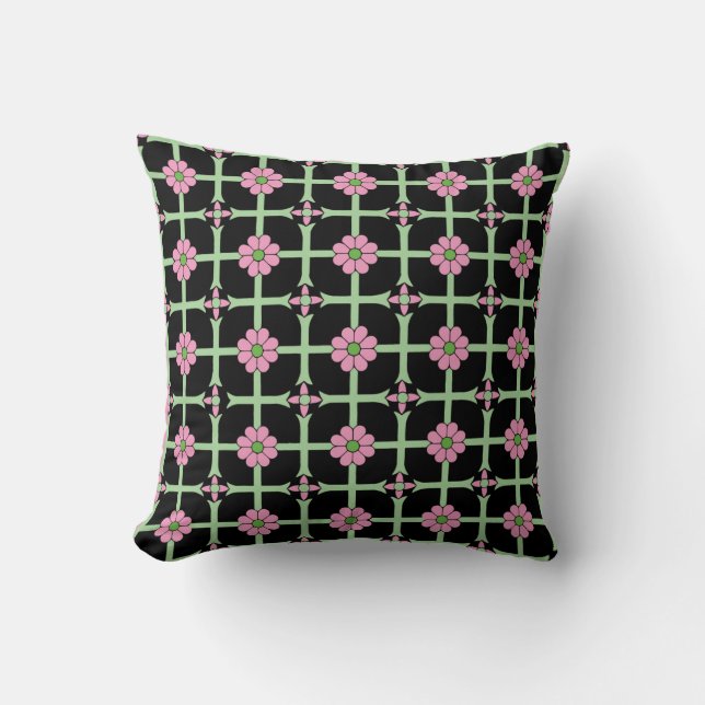 Geometric Floral Pattern Pink Green and Black Throw Pillow (Front)